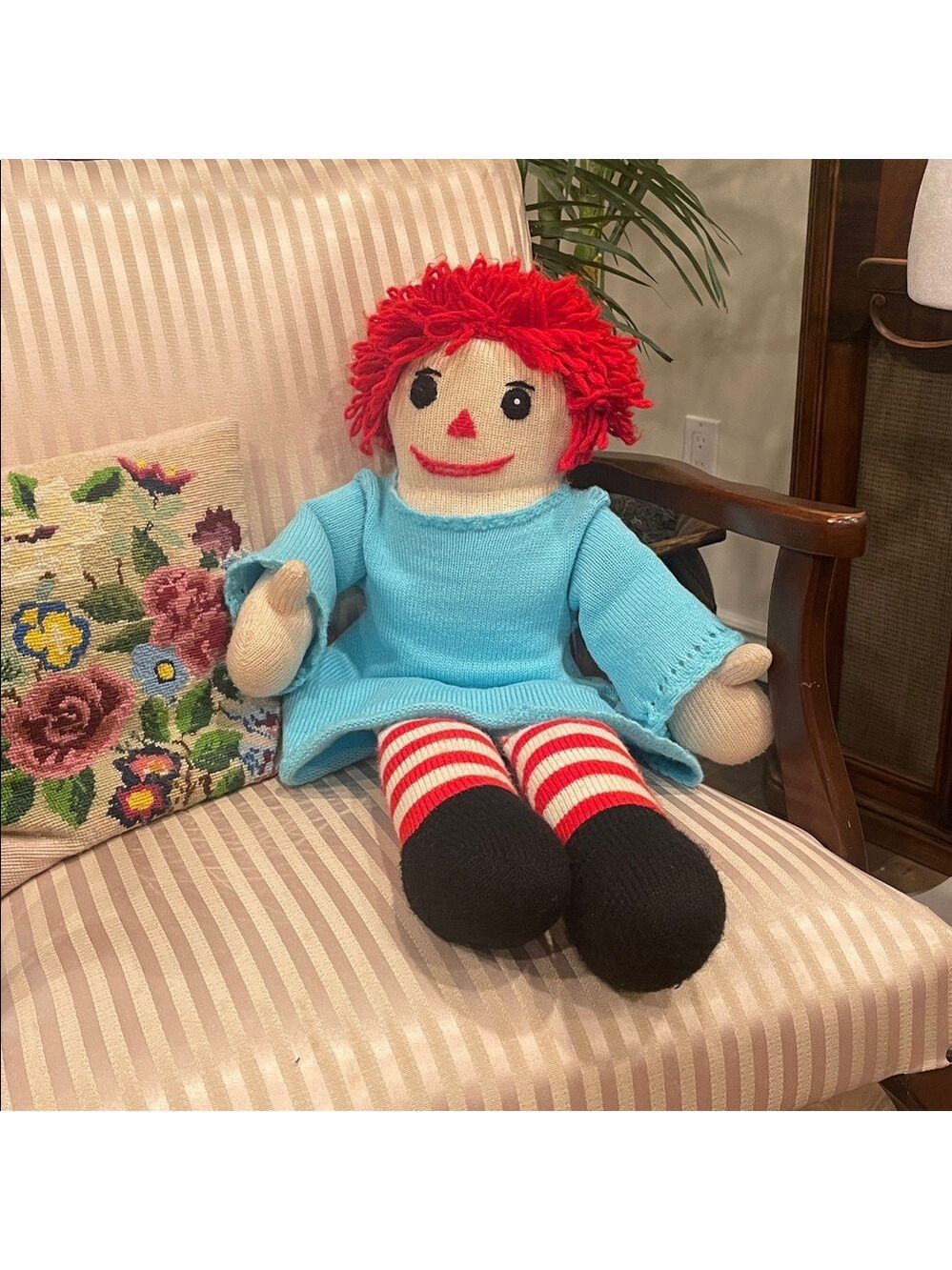 Handmade Knit Rag Doll 25” – Red Yarn Hair & Striped Legs